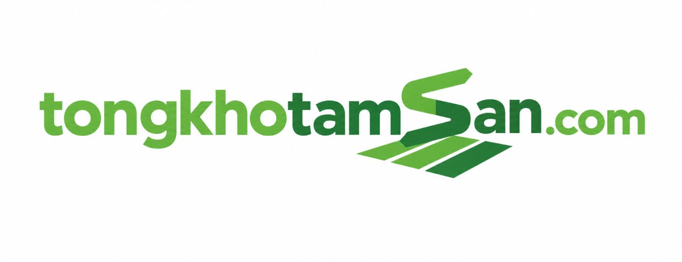 Logo chữ tongkhotamsan.com màu xanh lá với biểu tượng cách điệu hình chữ S và các dải hình học